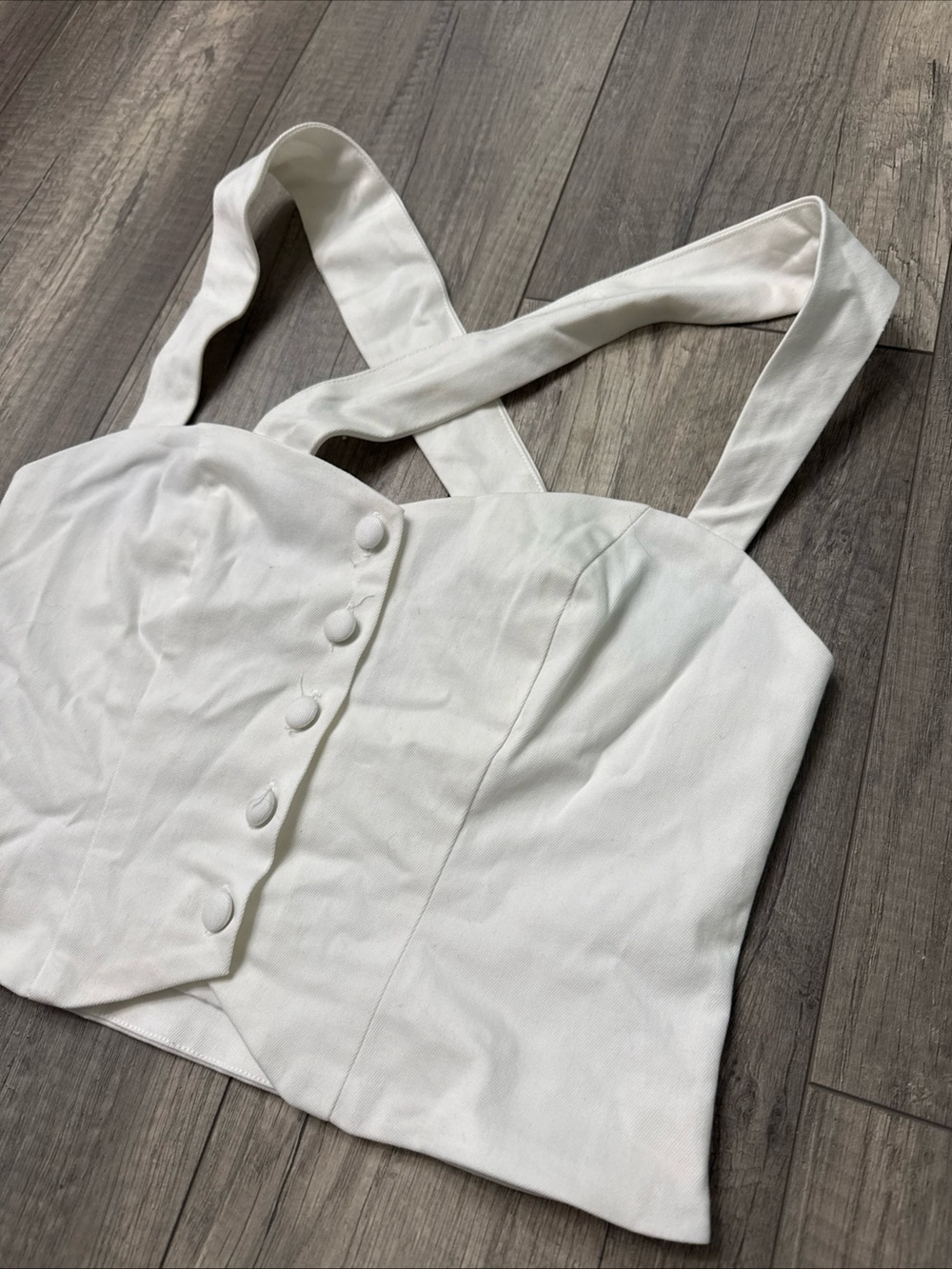 White Cross-Back Button Front Crop Top - Picture 2 of 5